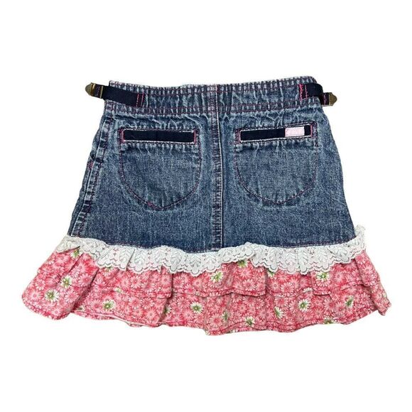 Vintage Lee Girls Size 6 Adjustable Waist Denim Jean Skirt Ruffle Flowers Lace - Picture 2 of 7